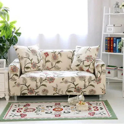 Printed stretchable sofa slipcover with geometric abstraction pattern on a three-seater sofa, showing tight fit and modern design.
