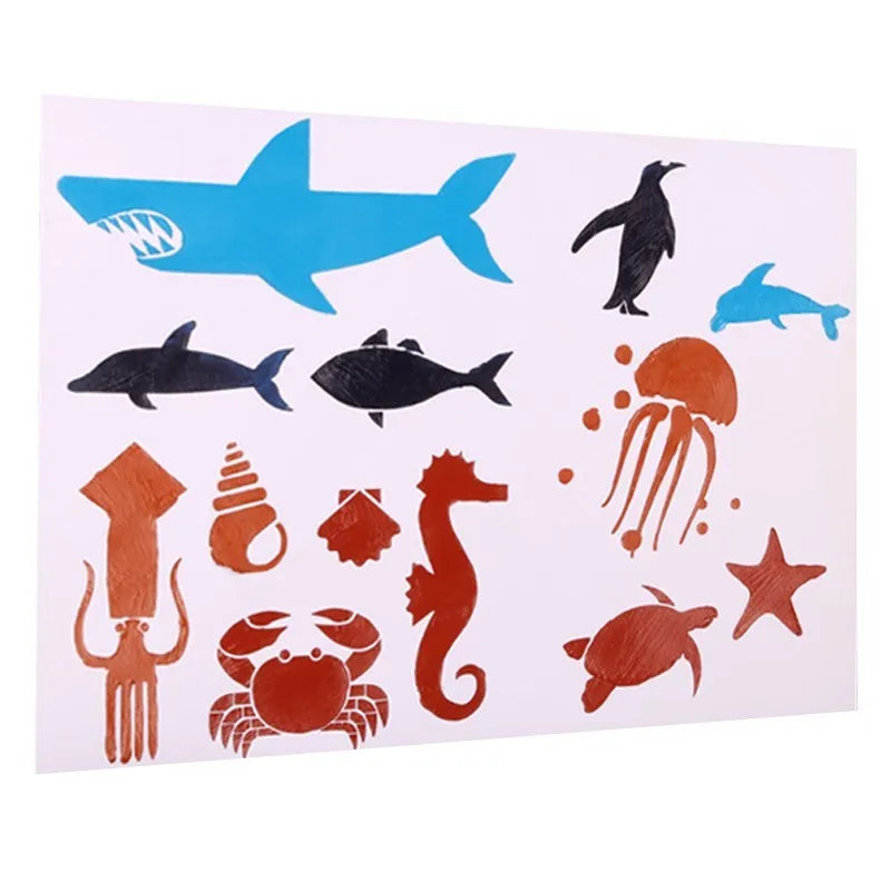Drawing stencil set for easy and quick sketching with geometric patterns including hearts, stars, and basic shapes for children's craft projects and classroom use in white durable plastic