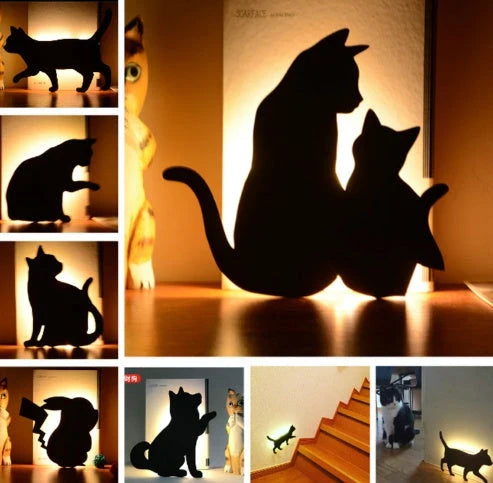 Charming pet-inspired mood lamp with various animal-shaped designs, including walking cat, mother and child cat, licking cat, and Pikachu