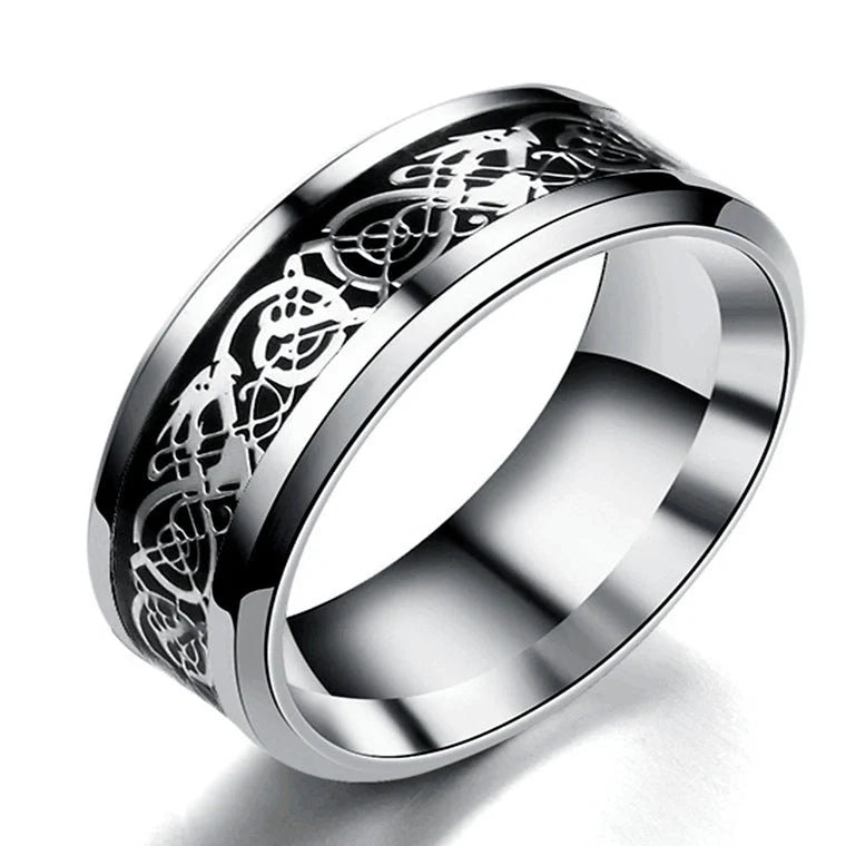 Stainless steel dragon pattern ring, a unique fashion accessory for men and women.