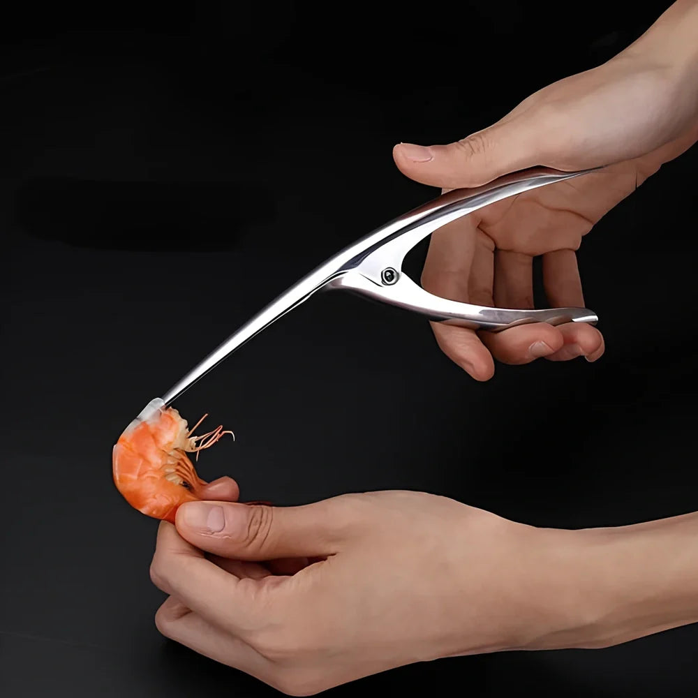 Stainless steel shrimp peeler tool with ergonomic handle for quick shellfish preparation