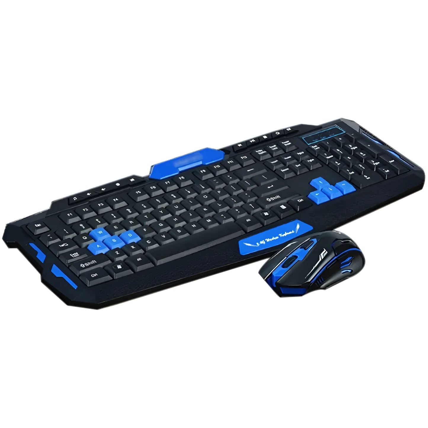 Blue and black wireless keyboard and mouse set on a desk.