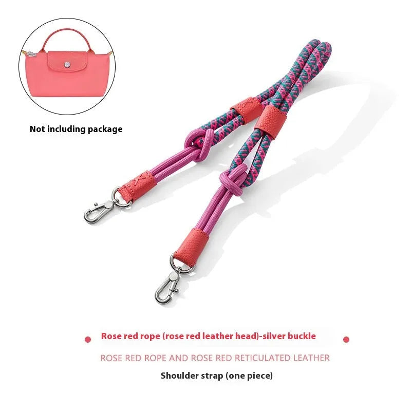 Braided rope and leather shoulder strap with a metal buckle in gold or silver finish