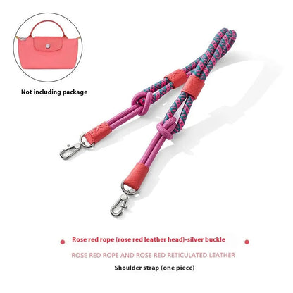 Braided rope and leather shoulder strap with a metal buckle in gold or silver finish