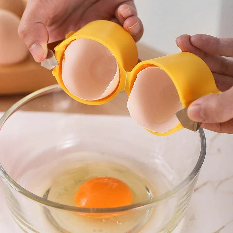 Premium egg cracker and separator made of stainless steel and plastic, available in various colors, used for effortless egg preparation in the kitchen