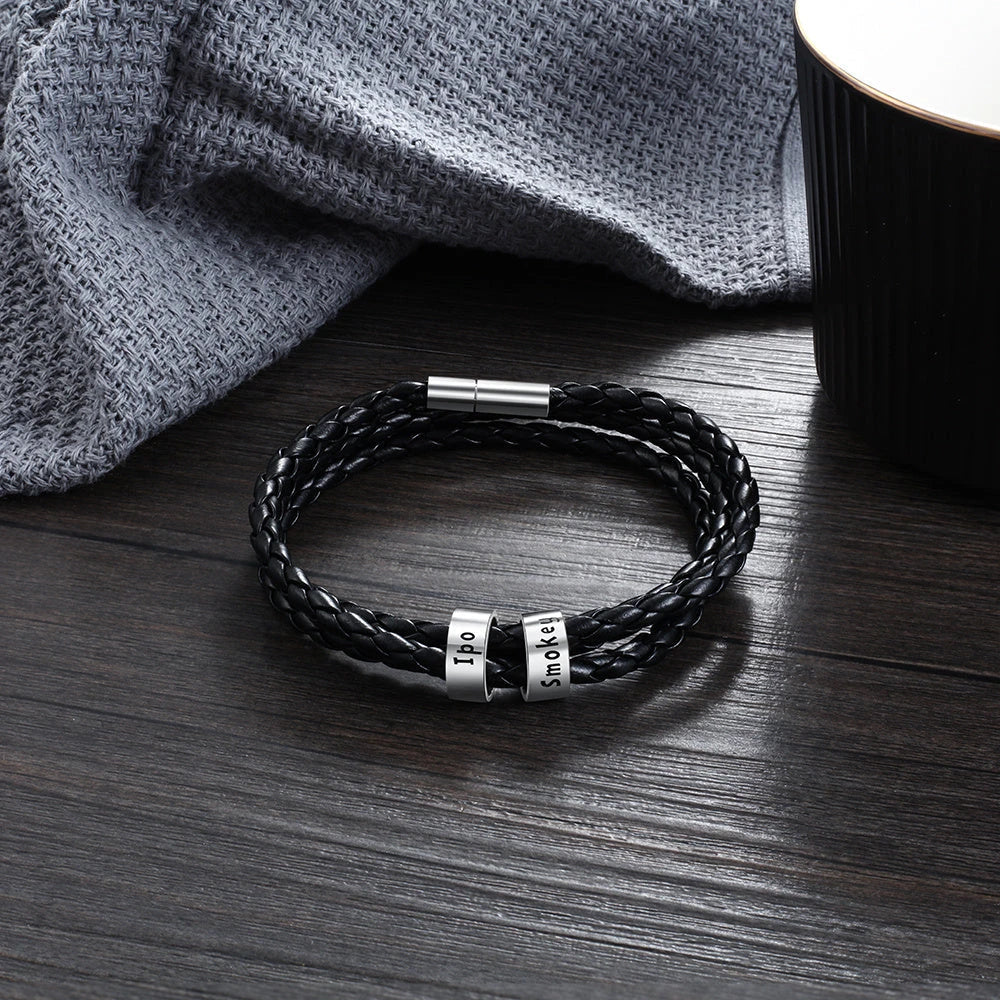 A personalized leather bracelet with engraved beads, a thoughtful gift for men