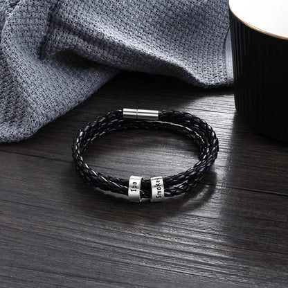 A personalized leather bracelet with engraved beads, a thoughtful gift for men