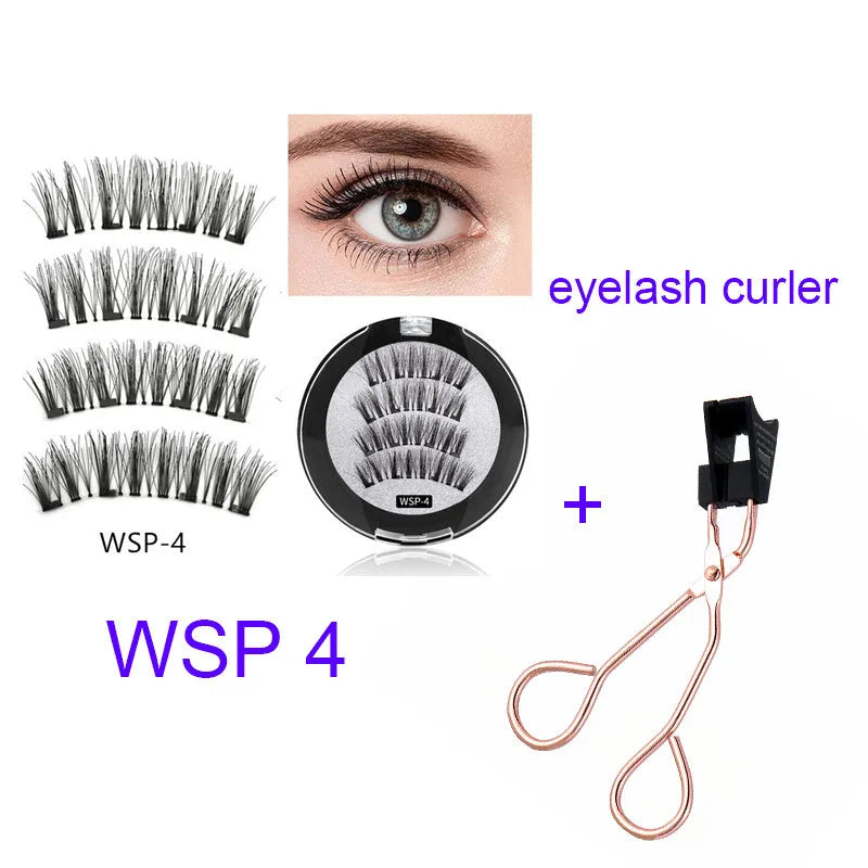 Four magnet false eyelashes in imported fibre with hand made construction and optional eyelash curler