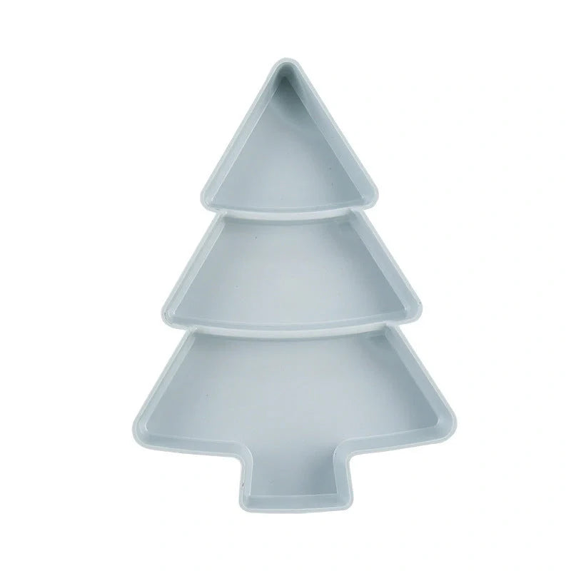 Christmas tree shaped plastic platter with divided sections for snacks and desserts