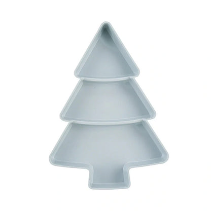 Christmas tree shaped plastic platter with divided sections for snacks and desserts