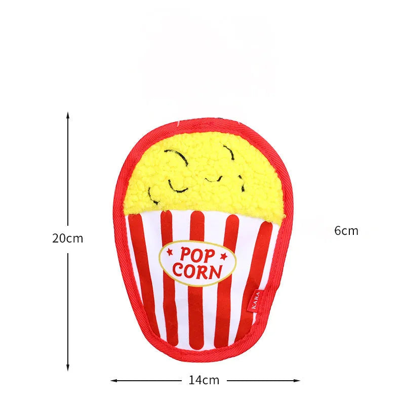 Hamburger-shaped crinkle and squeaky dog toy with vivid colours for puppies and dogs