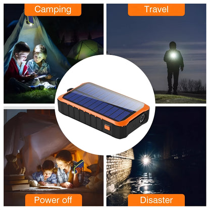 Orange and green portable solar power bank with hand crank, solar panel, and dual USB ports