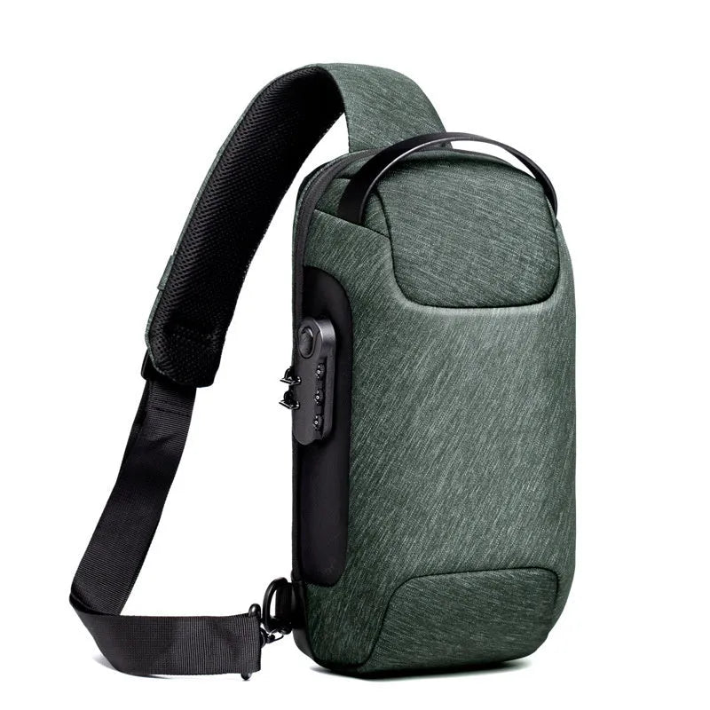 Men's waterproof Oxford crossbody sling bag in camouflage colour showing front zipper and strap.