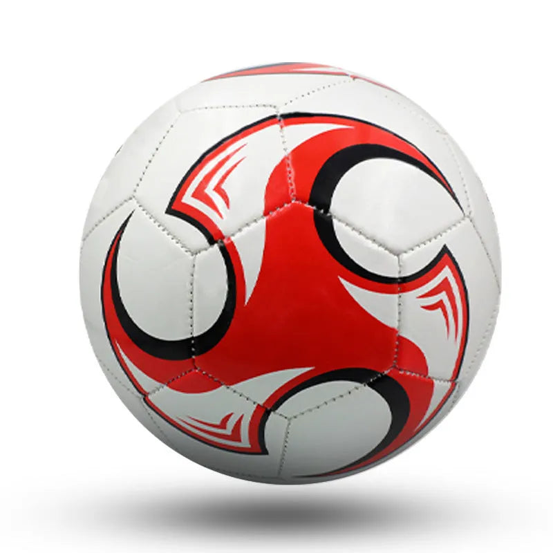PVC machine-seam training football shown in red whirlwind colour design for size 4.