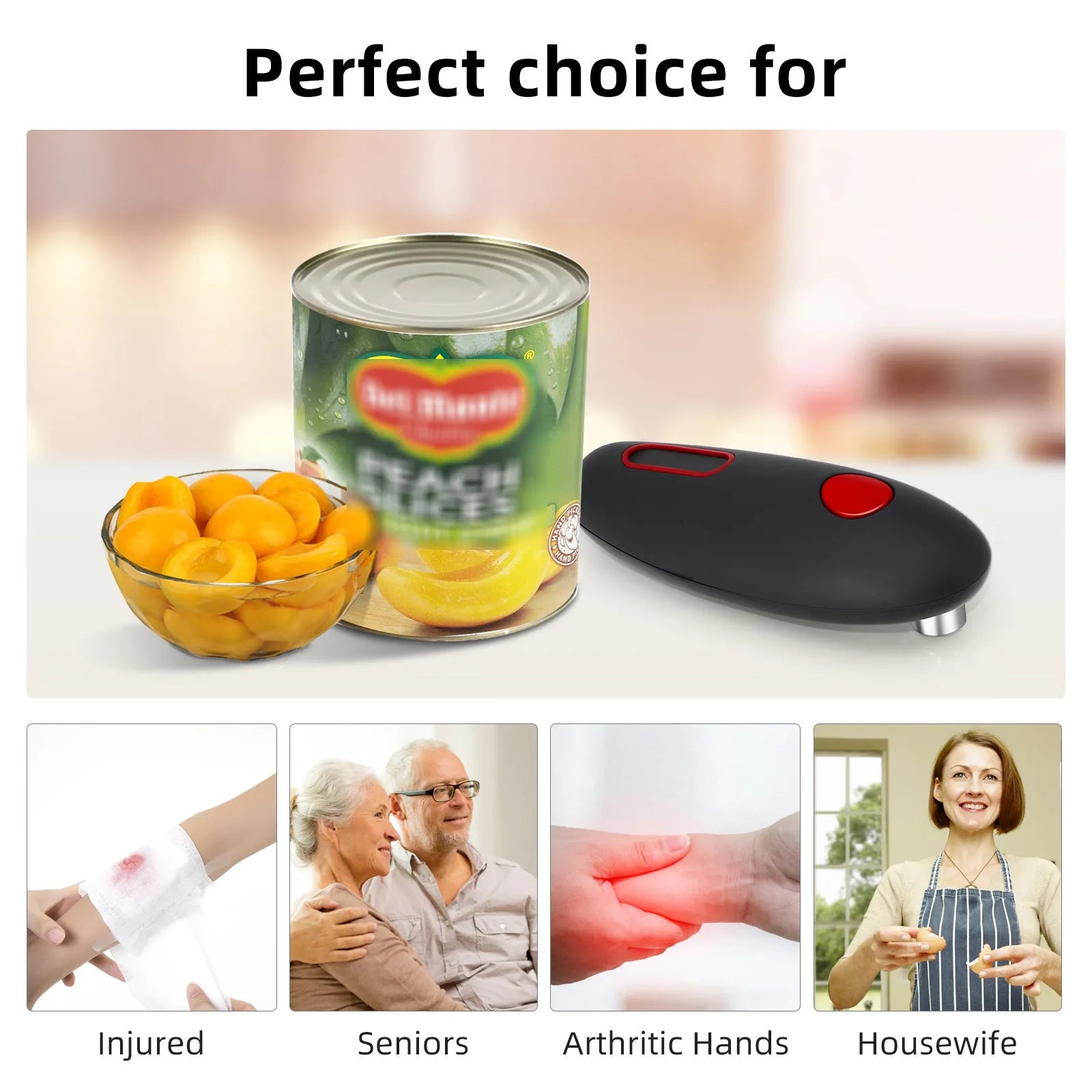 Black cordless electric can opener for automatic opening of tins and bottles