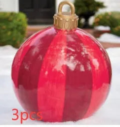 Large 60cm inflatable PVC Christmas decoration ball in bright colours for outdoor garden or tree display.