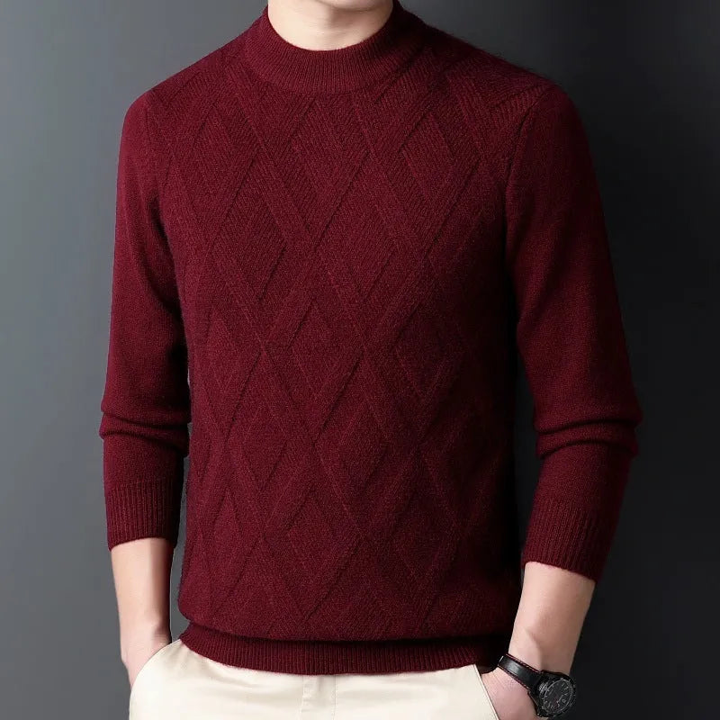 Men's thick winter pullover sweater with diamond jacquard pattern in a light camel colour.