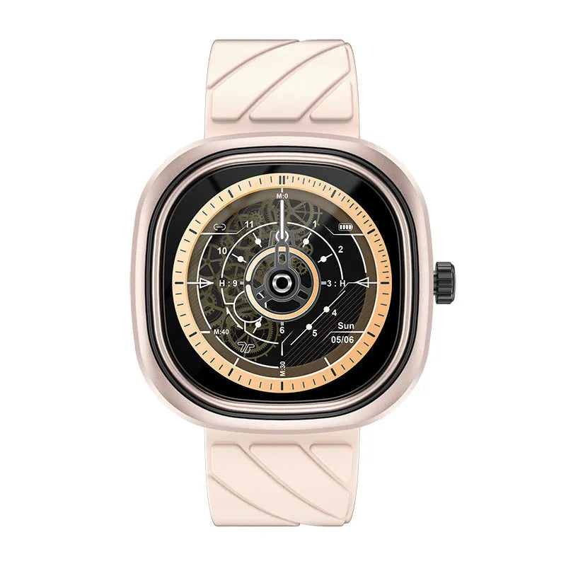Square pink Bluetooth smartwatch with silicone band on a wrist, showing its touchscreen display.