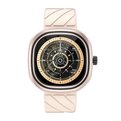 Square pink Bluetooth smartwatch with silicone band on a wrist, showing its touchscreen display.