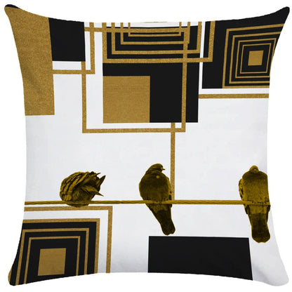 Geometric pattern throw pillow on office sofa showing 45x45cm size with ultra-flexible printing