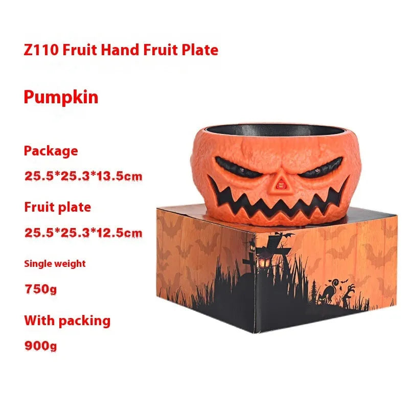 Motion-activated Halloween pumpkin candy bowl with lighted red eyes and skeleton hand in grey colour