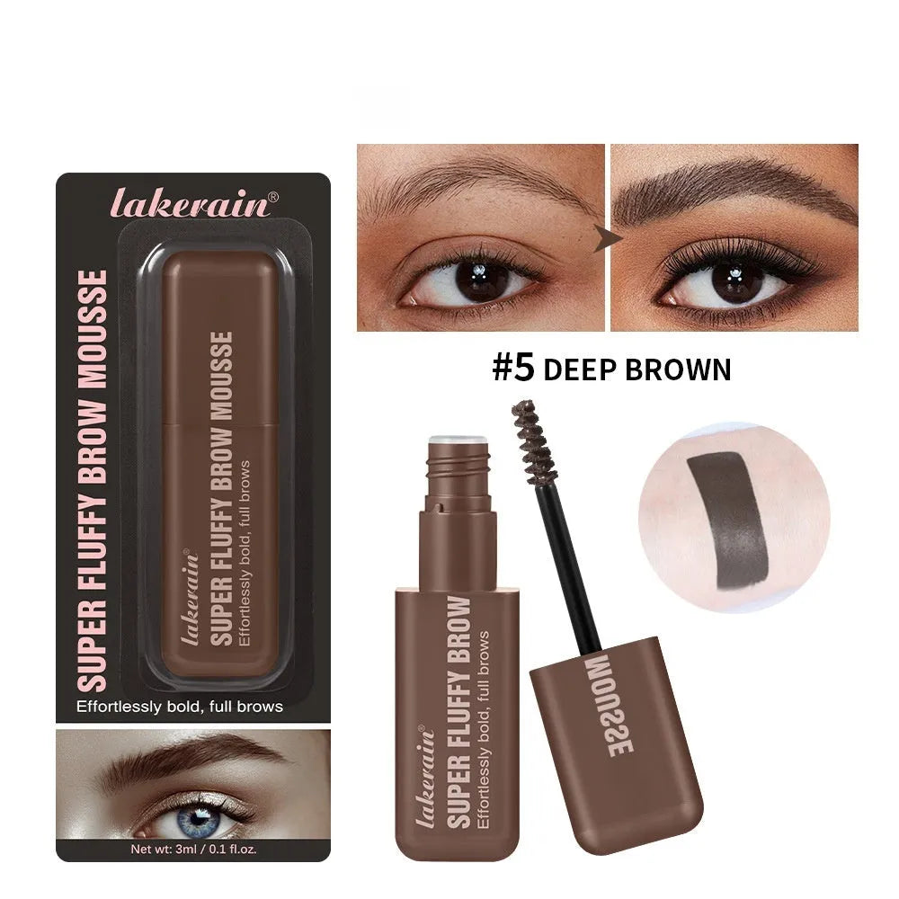 Eyebrow cream mousse in packaging with six shade options for long-lasting, three-dimensional brow definition.