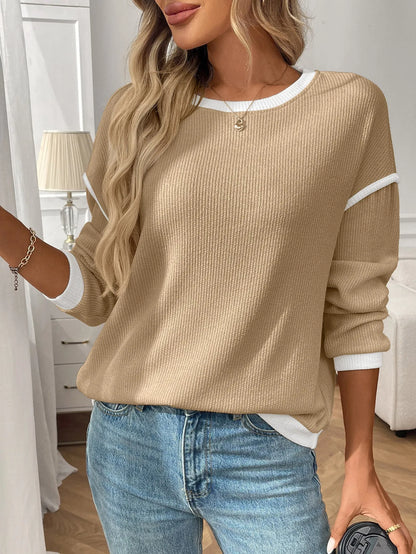 Women's loose round neck long sleeve polyester top shown in a multicolour range.