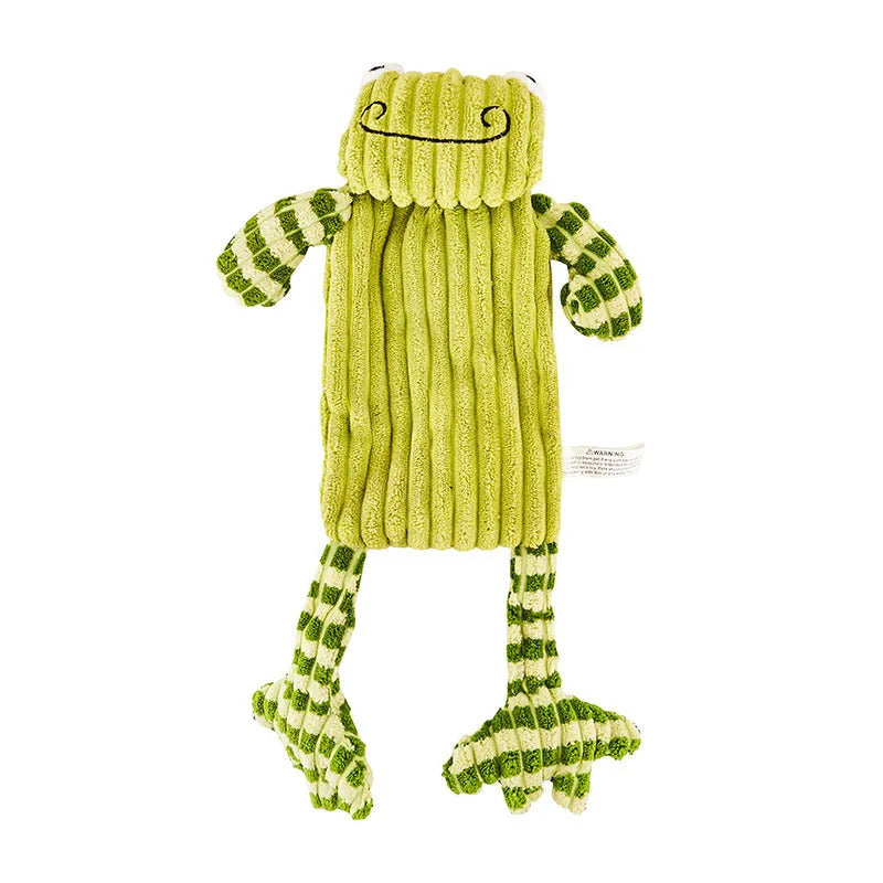 Green and orange immortal squeaker plush dog toy for aggressive chewers with dental cleaning surface