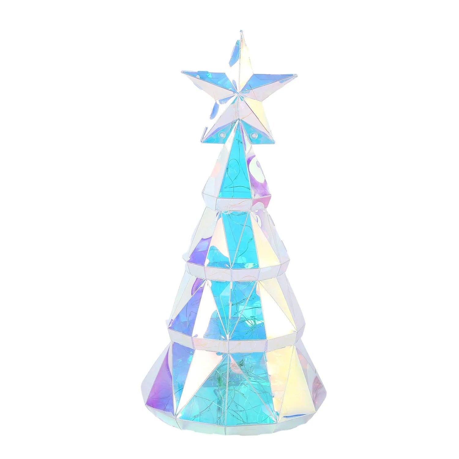 Colourful cartoon-style LED Christmas tree light on a table, showing its 20cm height and PET plastic construction.