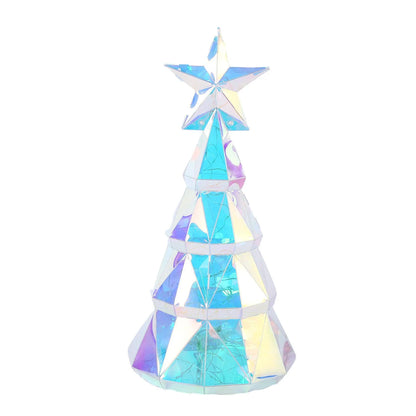 Colourful cartoon-style LED Christmas tree light on a table, showing its 20cm height and PET plastic construction.