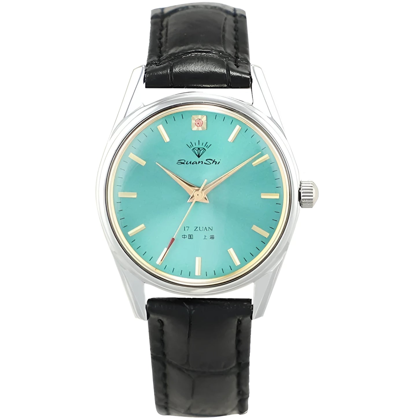 Men's wristwatch with a green dial and a black leather strap