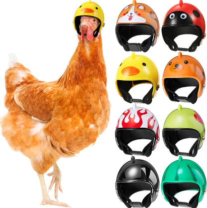 Small hard plastic helmet with elastic straps and sponge lining, designed for a chicken or bird to wear.