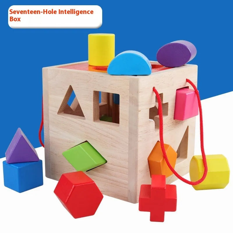 Wooden geometric shape matching building blocks for infants with multiple hole configurations