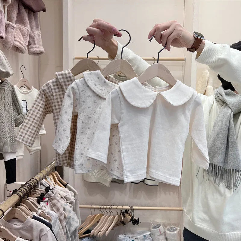 Baby girl long sleeve cotton top with lapel collar in plaid, Little Flower or white, sizes 66cm to 100cm