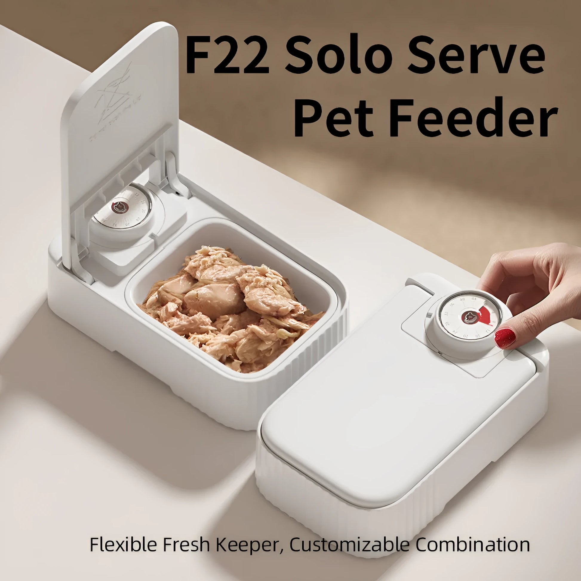 White automatic pet feeder with timer display, ice crystal cooling box, and modular connectors.