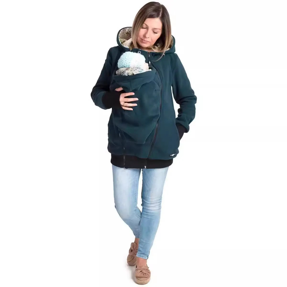 Red loose fit women's polar fleece sweater with long sleeves on a hanger