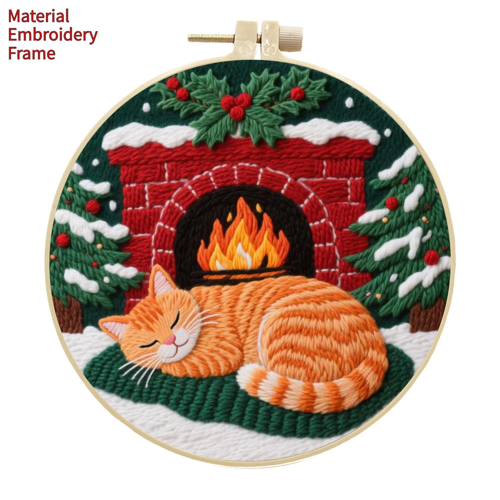 Cat embroidery DIY kit with autumn fruit design on fabric and a 20cm imitation bamboo embroidery frame