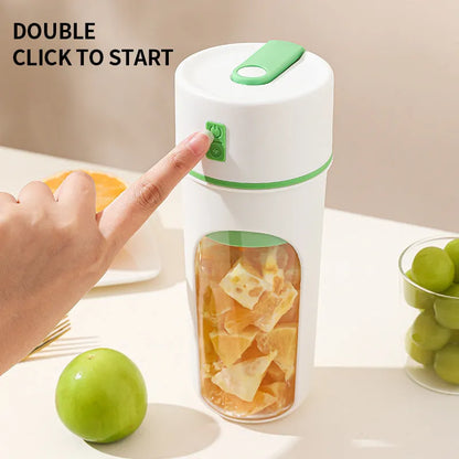 Blue portable USB rechargeable electric juicer blender with a large feed cap on a kitchen counter.