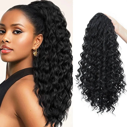 Small curly wave drawstring ponytail wig in gradient brown shades on display