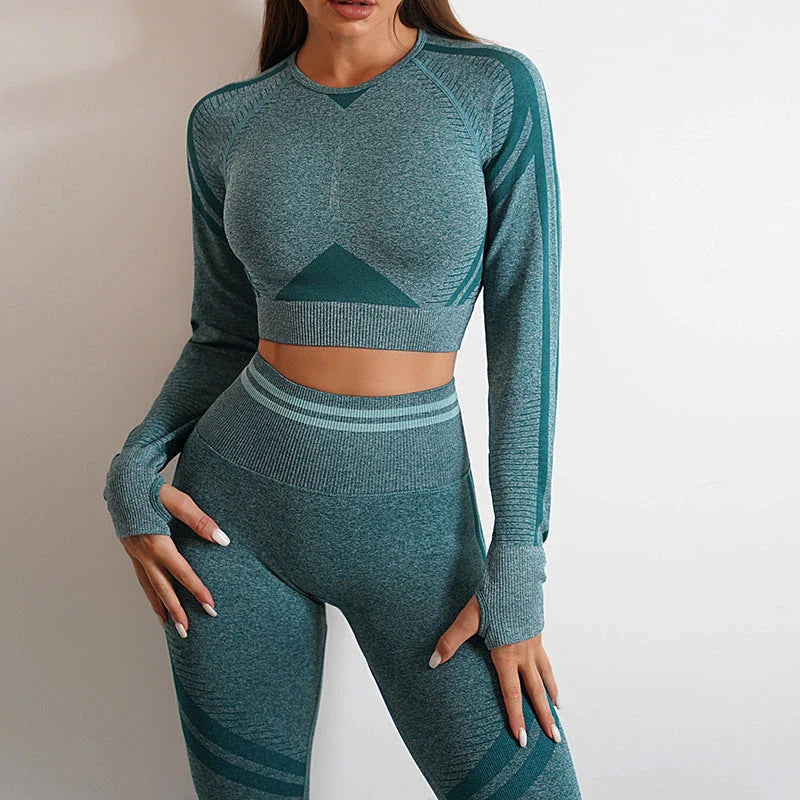 Seamless yoga leggings and long sleeve workout tops in various colors and styles
