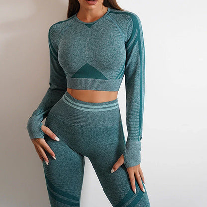 Seamless yoga leggings and long sleeve workout tops in various colors and styles