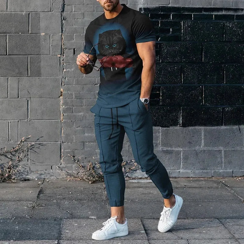 Men's printed short-sleeved pullover and trousers set in polyester blend fabric