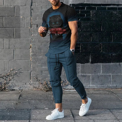 Men's printed short-sleeved pullover and trousers set in polyester blend fabric