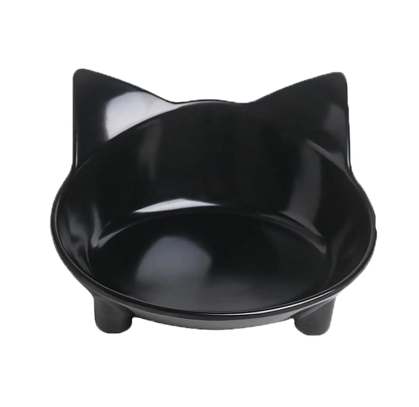 White melamine pet food bowl with shallow dish and non-slip black rubber base on a wooden floor.