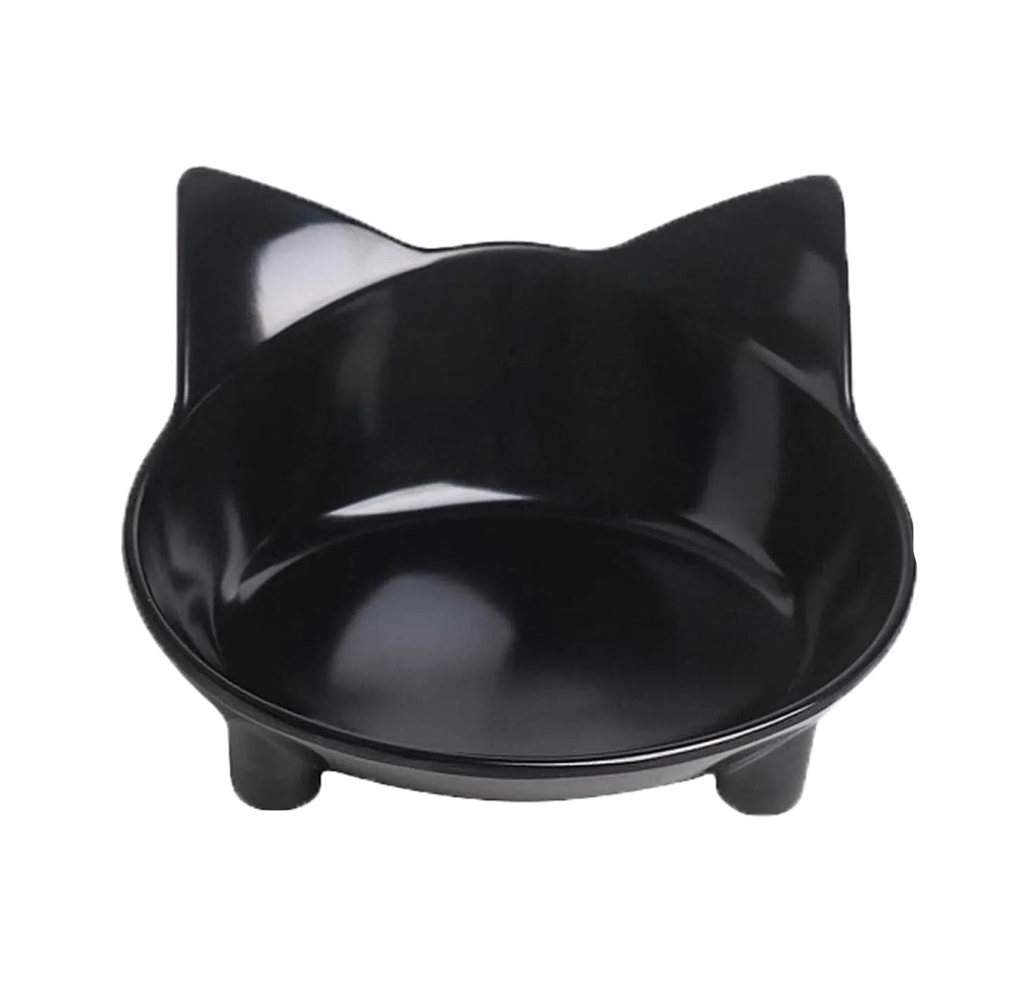 White melamine pet bowl with shallow dish and non-slip black rubber base on a wooden floor