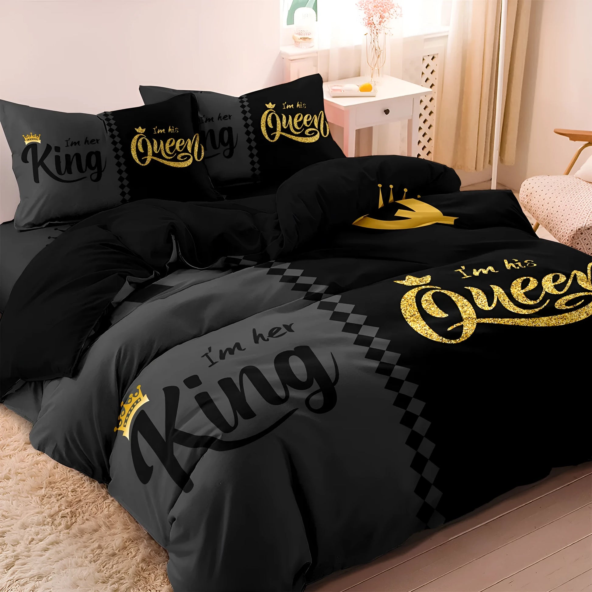 Light grey digital printed quilt cover set with two pillowcases on a bed