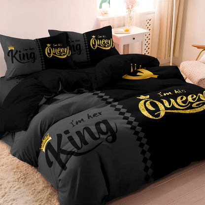 Light grey digital printed quilt cover set with two pillowcases on a bed