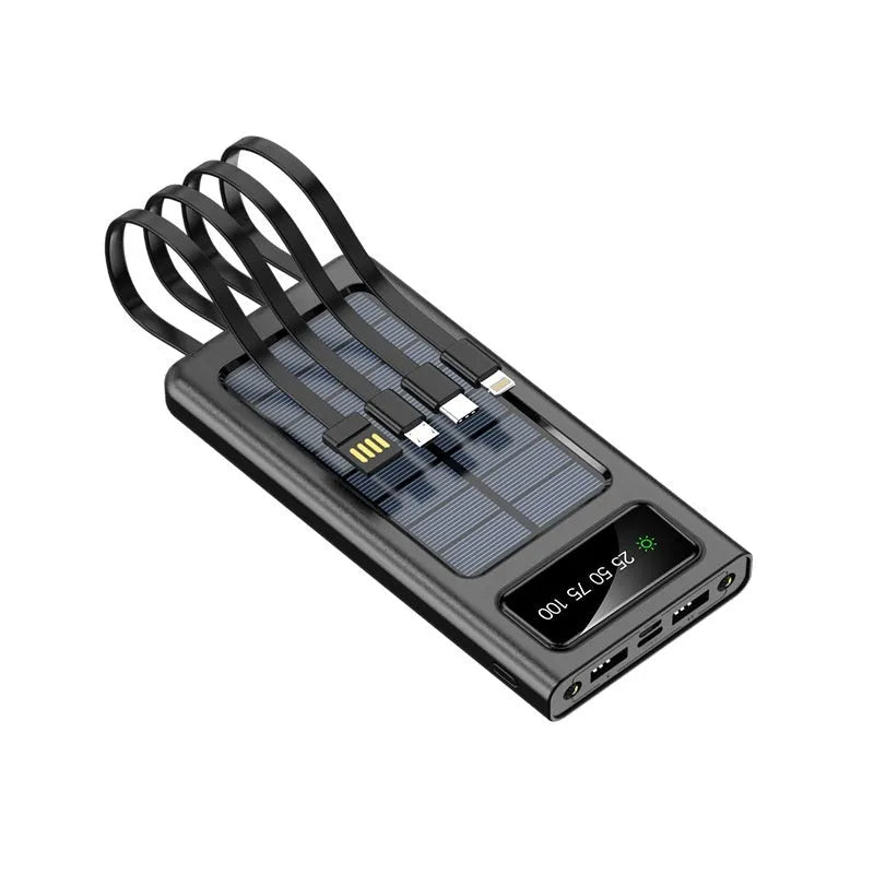 Black solar power bank with built-in charging cable showing solar panel and 20000mAh capacity label