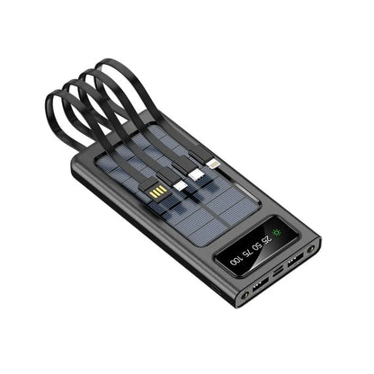 Black solar power bank with built-in charging cable showing solar panel and 20000mAh capacity label