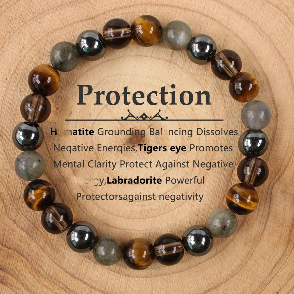Adjustable natural crystal bracelet showing 15mm beads on elastic cord in blue colour variation